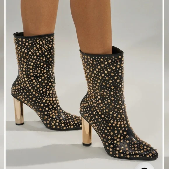 Gold Studded Black Ankle Boots - Picture 1 of 2